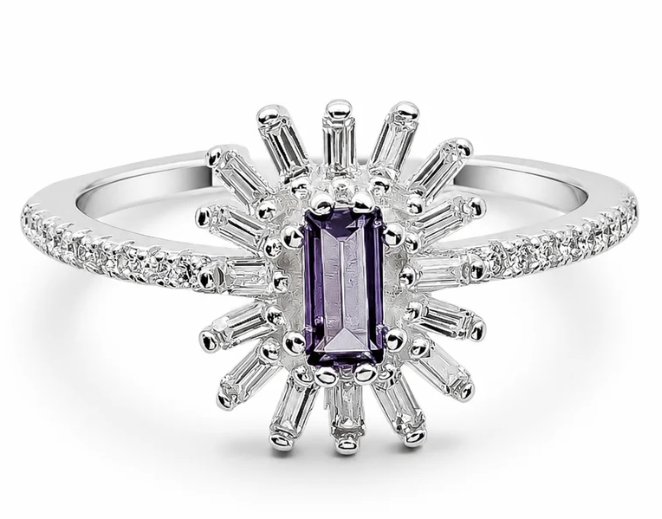 Anillo Flor Morada Zirconia Plata Ley 925