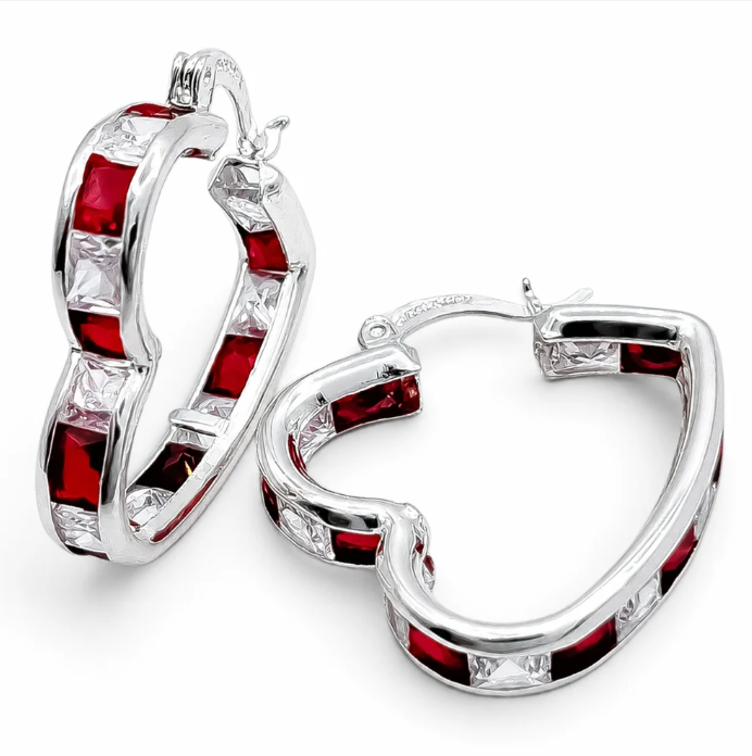 Arracada Corazon Zirconia Roja Plata Ley 925