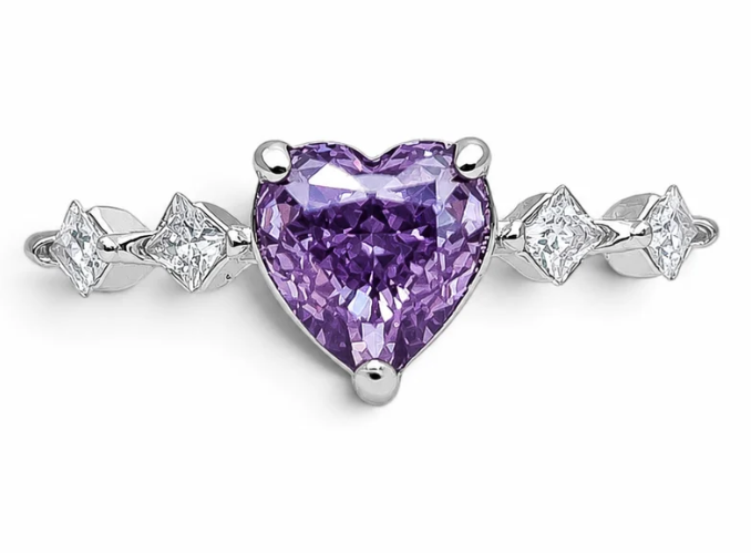 Anillo Corazon Zirconia Lila Plata Ley 925
